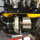 TurboKraft's stainless turbocharger turbine heat shield installed on Garrett GT3582R turbocharger, 1986 930 / 911 Turbo
