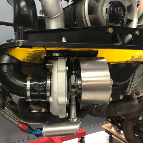 TurboKraft's stainless turbocharger turbine heat shield installed on Garrett GT3582R turbocharger, 1986 930 / 911 Turbo