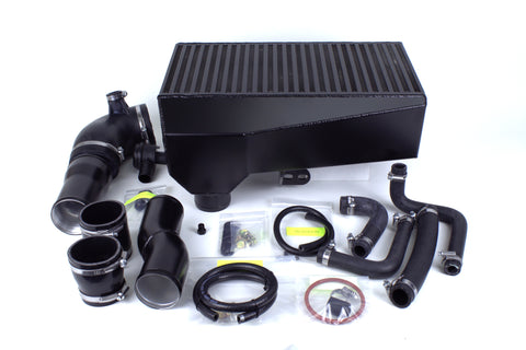 Complete Longneck Intercooler package manufactured by TurboKraft, all pieces arranged on display to show everything included.  Shown in optional satin black finish.